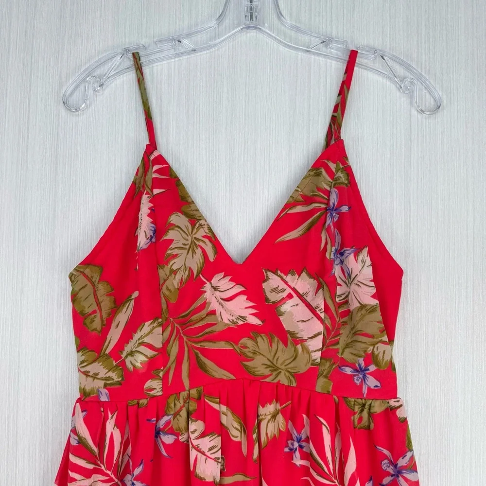 JAPNA V Neck Floral Maxi Dress S‎ Tropical Leaf Red Green Smocked Back